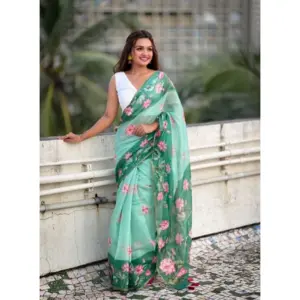 Women's Linen Printed Saree with Blouse – Green