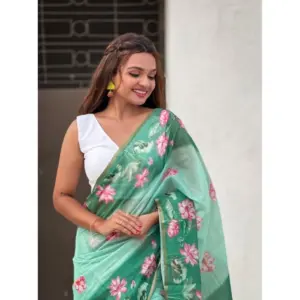 Women's Linen Printed Saree with Blouse – Green