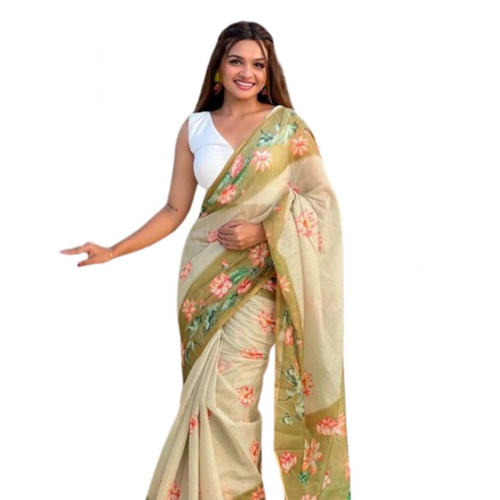 Women's Linen Printed Saree with Blouse – Mahendi