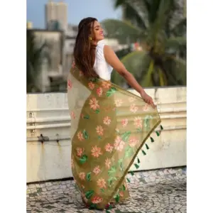 Women's Linen Printed Saree with Blouse – Mahendi