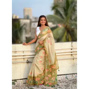 Women's Linen Printed Saree with Blouse – Mahendi