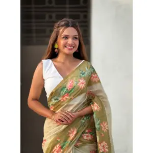 Women's Linen Printed Saree with Blouse – Mahendi