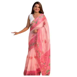 Women's Linen Printed Saree with Blouse – Pink