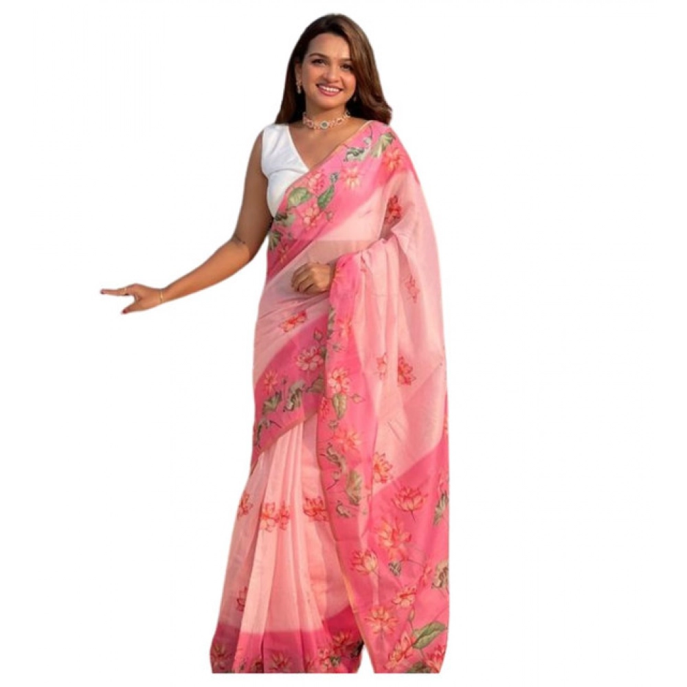Women's Linen Printed Saree with Blouse – Pink