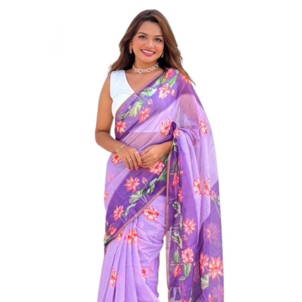 Women's Linen Printed Saree with Blouse – Purple