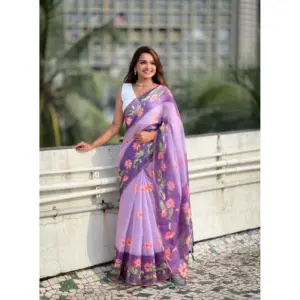 Women's Linen Printed Saree with Blouse – Purple