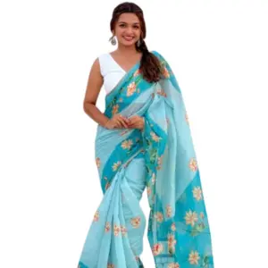 Women's Linen Printed Saree with Blouse – Aqua