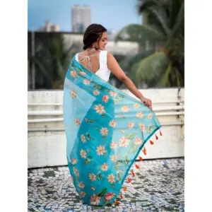 Women's Linen Printed Saree with Blouse – Aqua