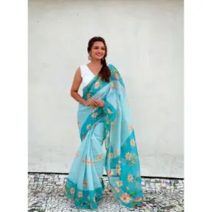 Women's Linen Printed Saree with Blouse – Aqua