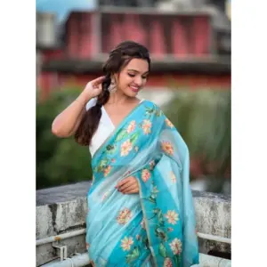 Women's Linen Printed Saree with Blouse – Aqua
