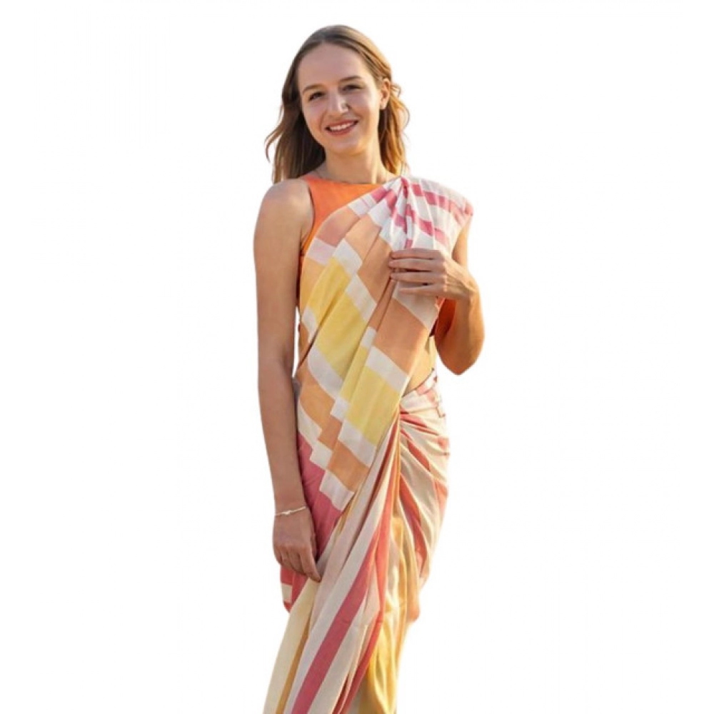 Women's Linen Printed Saree with Blouse – Yellow
