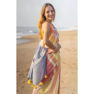 Women's Linen Printed Saree with Blouse – Yellow