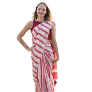 Women's Linen Printed Saree with Blouse – Red