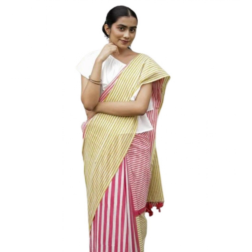 Women's Linen Printed Saree with Blouse – Yellow