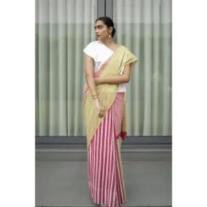 Women's Linen Printed Saree with Blouse – Yellow