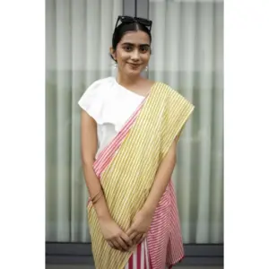 Women's Linen Printed Saree with Blouse – Yellow