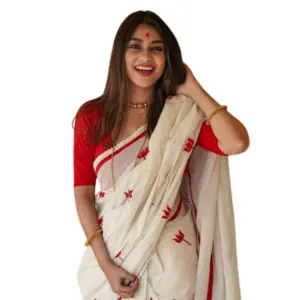 Women's Linen Printed Saree with Blouse – White