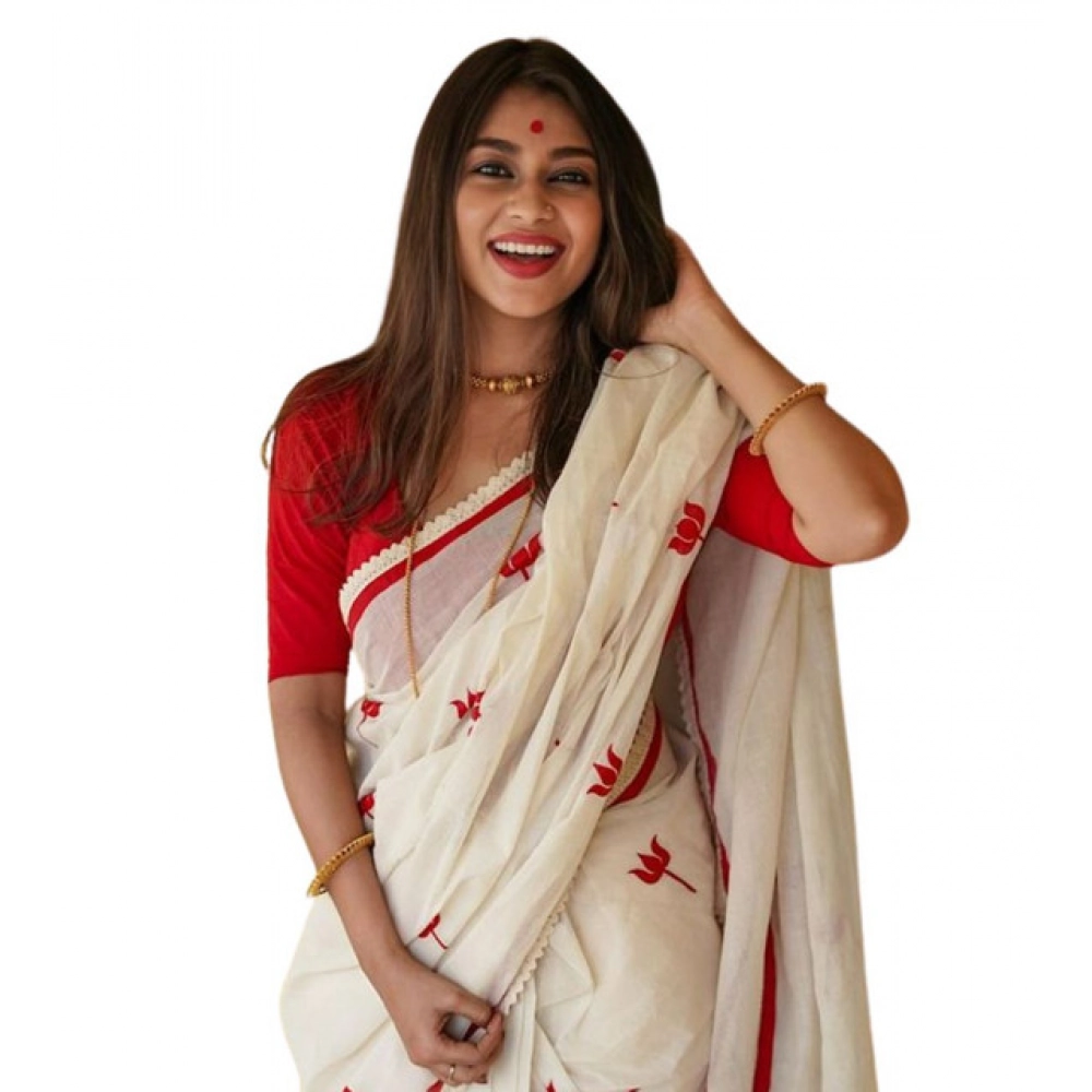 Women's Linen Printed Saree with Blouse – White