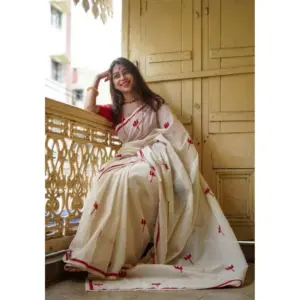 Women's Linen Printed Saree with Blouse – White
