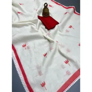 Women's Linen Printed Saree with Blouse – White
