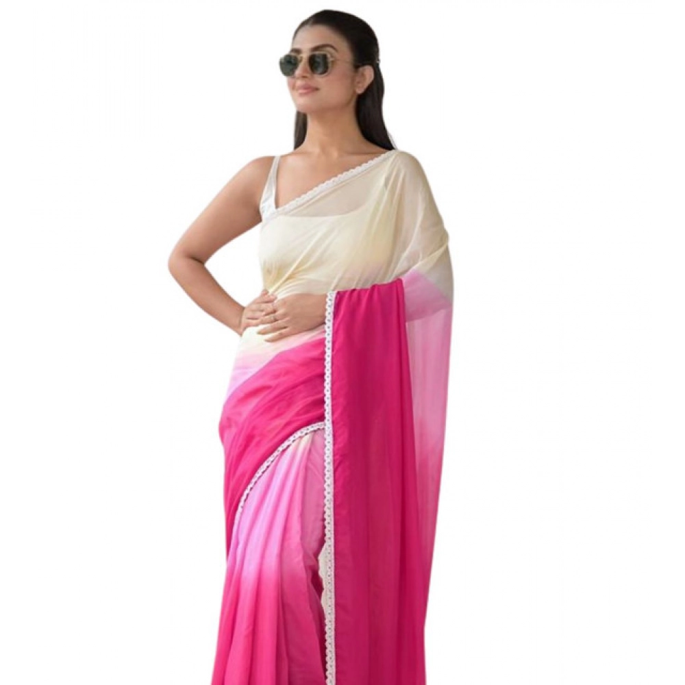 Women's Linen Printed Saree with Blouse – Pink