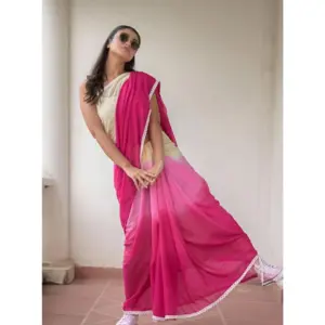 Women's Linen Printed Saree with Blouse – Pink