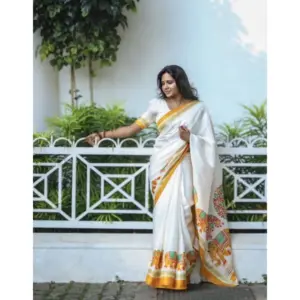 Women's Linen Printed Saree with Blouse – White