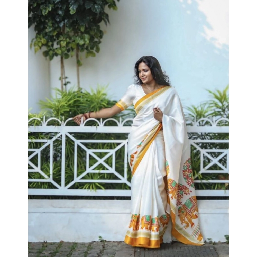 Women's Linen Printed Saree with Blouse – White