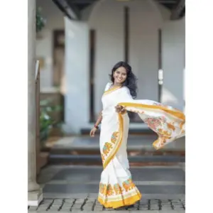 Women's Linen Printed Saree with Blouse – White
