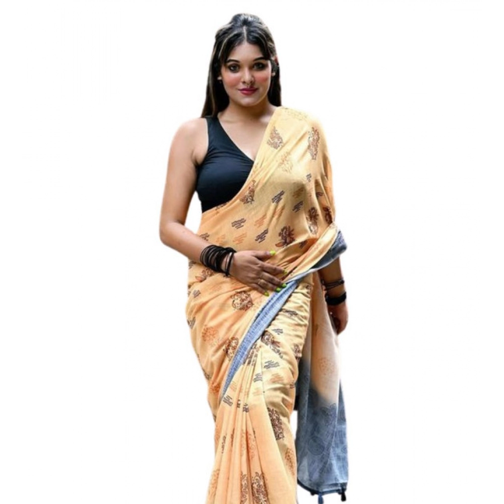 Women's Linen Printed Saree with Blouse – Peach