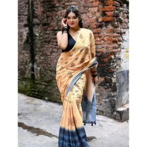 Women's Linen Printed Saree with Blouse – Peach