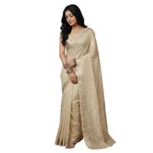 Women's Cotton Printed Saree with Blouse – Cream