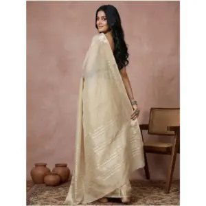 Women's Cotton Printed Saree with Blouse – Cream