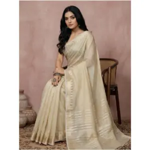 Women's Cotton Printed Saree with Blouse – Cream