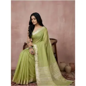Women's Cotton Printed Saree with Blouse – Light Green
