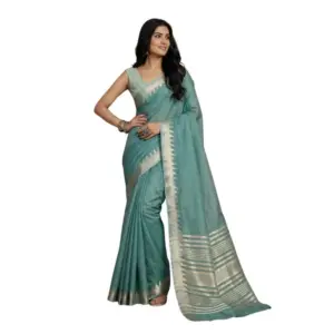 Women's Cotton Printed Saree with Blouse – Teal