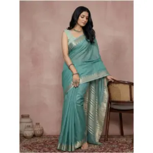 Women's Cotton Printed Saree with Blouse – Teal
