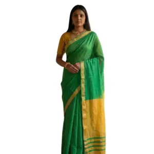 Women's Cotton Printed Saree with Blouse – Green