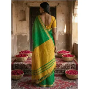 Women's Cotton Printed Saree with Blouse – Green