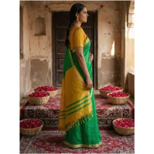Women's Cotton Printed Saree with Blouse – Green