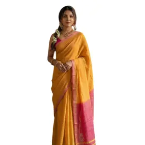 Women's Cotton Printed Saree with Blouse – Yellow