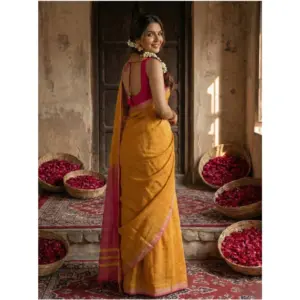 Women's Cotton Printed Saree with Blouse – Yellow