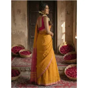 Women's Cotton Printed Saree with Blouse – Yellow