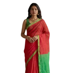 Women's Cotton Printed Saree with Blouse – Red