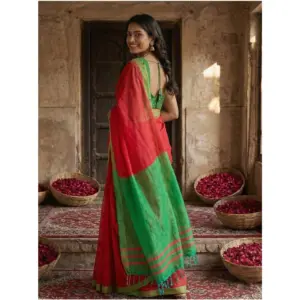Women's Cotton Printed Saree with Blouse – Red