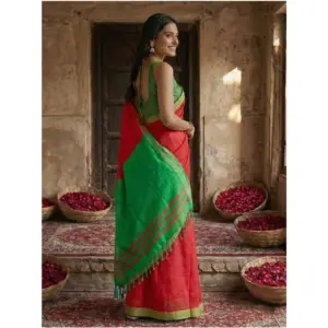 Women's Cotton Printed Saree with Blouse – Red