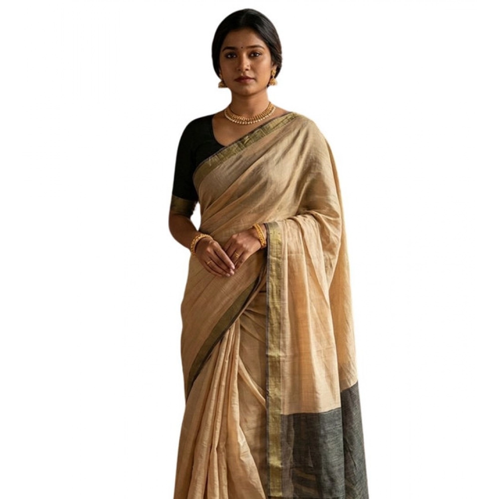 Women's Cotton Printed Saree with Blouse – Beige