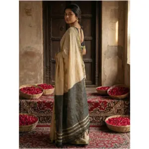 Women's Cotton Printed Saree with Blouse – Beige