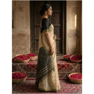 Women's Cotton Printed Saree with Blouse – Beige