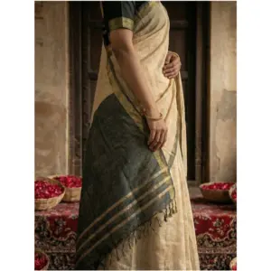 Women's Cotton Printed Saree with Blouse – Beige